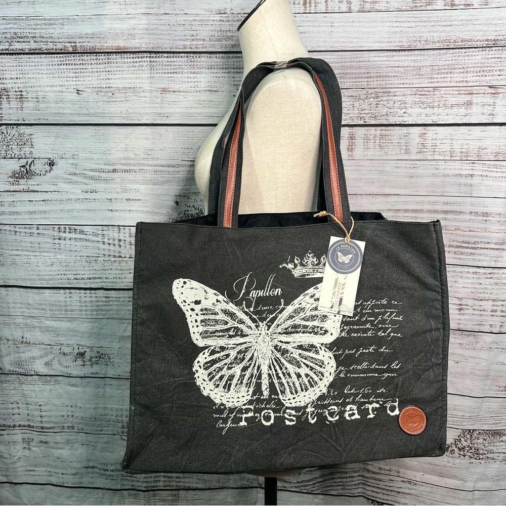 Le Papillon Tote Bag‎ Postcard Print Butterfly Vintage Style NEW